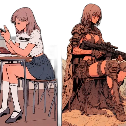 weapon, dress, concept art, comic book art, anime, cyberpunk, fire, monochrome transparent PNG cut-out