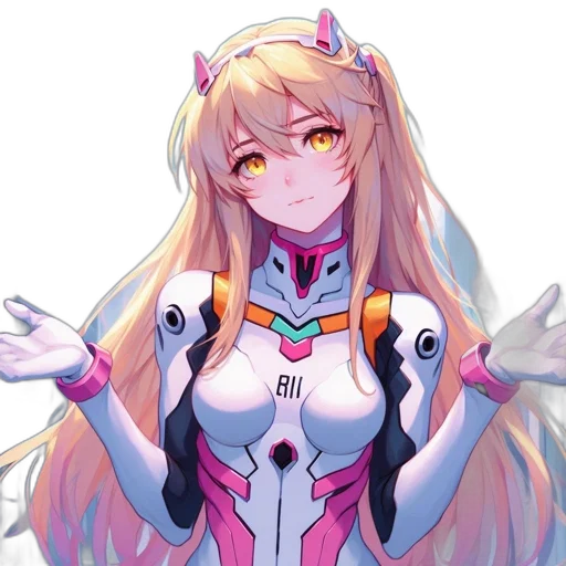 robot, staff, weapon, jacket, anime, pixel art, concept art, vaporwave transparent PNG cut-out