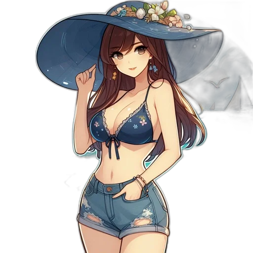 hat, dress, flower, anime, fantasy art, concept art, watercolor, beach transparent PNG cut-out