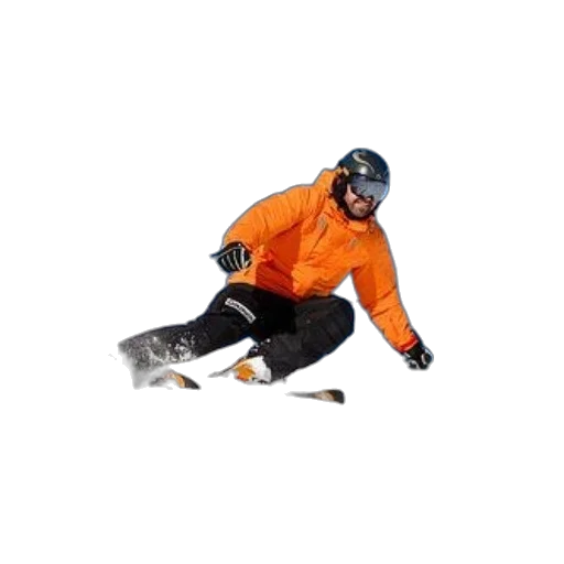 staff, 3d render, photorealistic, skier, orange, jacket, black, pants transparent PNG cut-out