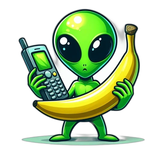 staff, concept art, pixel art, animated, green, alien, equipped, banana transparent PNG cut-out