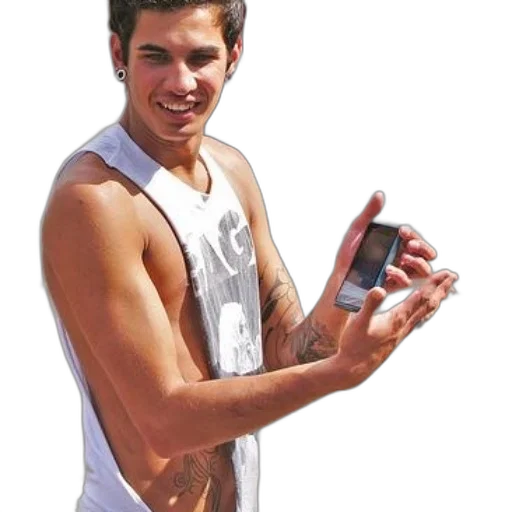 weapon, photorealistic, young, man, tattoos, his, arm, holds transparent PNG cut-out