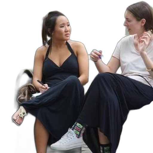 shoes, dress, two, women, sit, bench, one, wearing transparent PNG cut-out