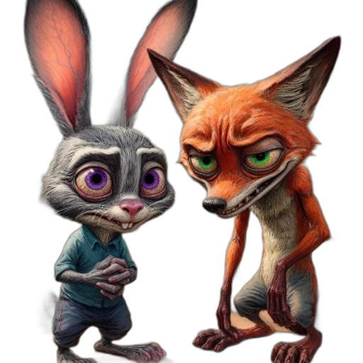 concept art, 3d render, photorealistic, fantasy art, city street, rabbit, fox, each transparent PNG cut-out