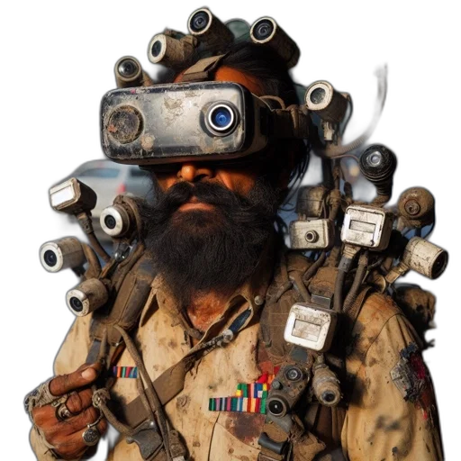 robot, mask, staff, face, cyberpunk, concept art, 3d render, photorealistic transparent PNG cut-out