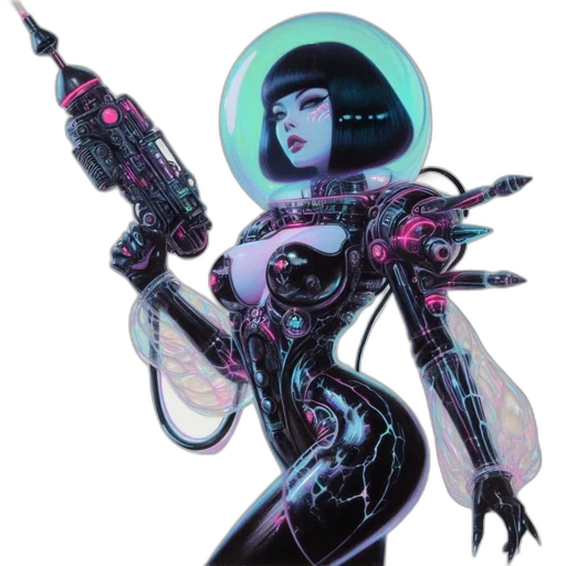 robot, weapon, staff, concept art, cyberpunk, comic book art, vaporwave, outer space transparent PNG cut-out