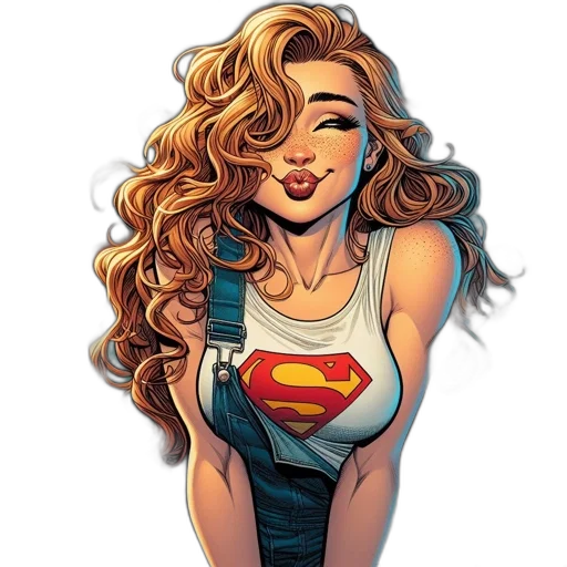comic book art, cartoon, concept art, young, woman, superman, outfit, sits transparent PNG cut-out