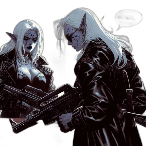 weapon, comic book art, concept art, cyberpunk, elven, woman, white, hair transparent PNG cut-out