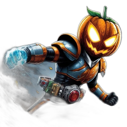 robot, concept art, pixel art, fantasy art, comic book art, character, glowing, pumpkin transparent PNG cut-out