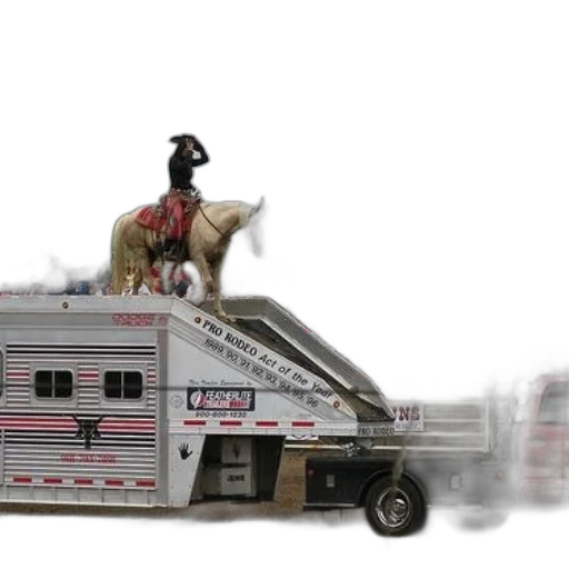 concept art, 3d render, photorealistic, cowboy, rides, horse, out, trailer transparent PNG cut-out