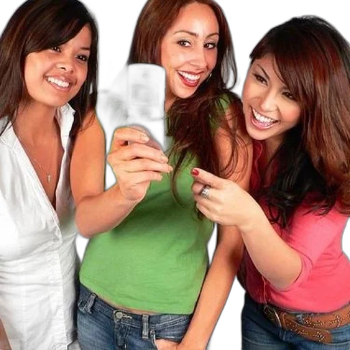 three, women, pose, photo, flip, phone, one, wearing transparent PNG cut-out