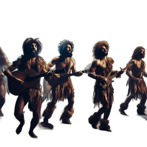 hair, concept art, prehistoric, figures, celebrate, while, playing, guitars transparent PNG cut-out