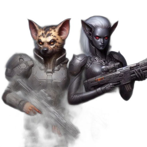 concept art, fantasy art, cyberpunk, comic book art, outer space, two, anthropomorphic, creatures transparent PNG cut-out
