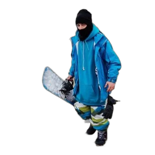 jacket, staff, person, blue, striped, pants, carries, snowboard transparent PNG cut-out