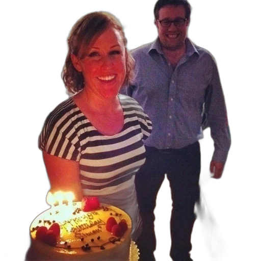 staff, woman, striped, shirt, stands, next, birthday, cake transparent PNG cut-out