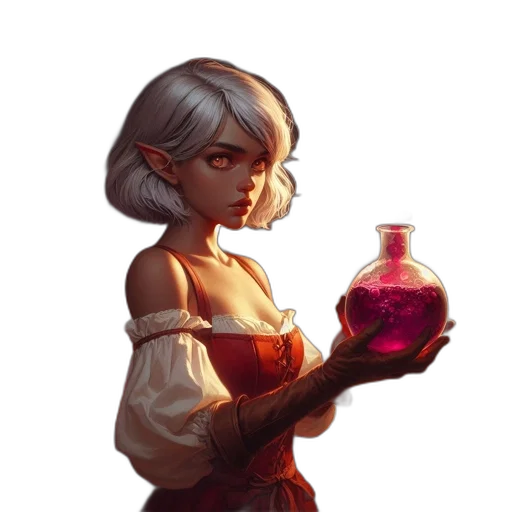 bottle, dress, staff, flower, concept art, fantasy art, pixel art, comic book art transparent PNG cut-out