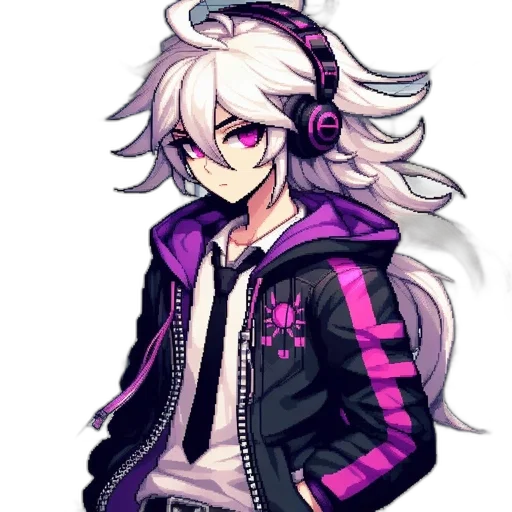 jacket, staff, weapon, hair, cyberpunk, vaporwave, pixel art, concept art transparent PNG cut-out