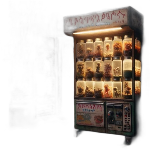 3d render, concept art, antique, storefront, features, glass, jars, containing transparent PNG cut-out