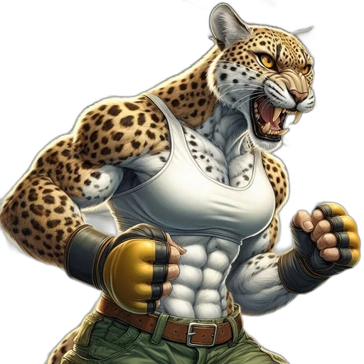 animal, comic book art, concept art, photorealistic, fantasy art, anthropomorphic, leopard, workout transparent PNG cut-out