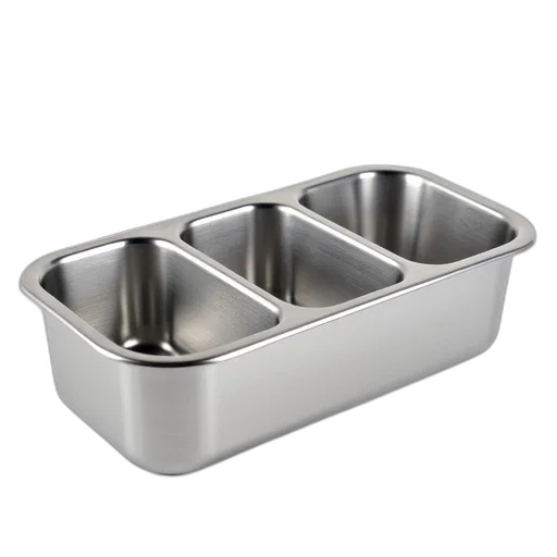 food, shiny, new-looking, metal, container, four, compartments, placed transparent PNG cut-out