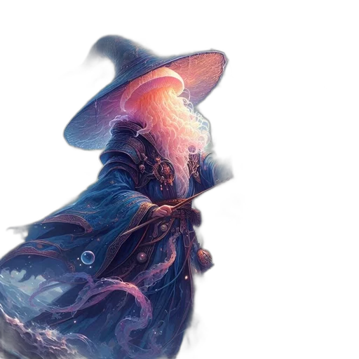 hat, dress, dragon, staff, fantasy art, concept art, watercolor, photorealistic transparent PNG cut-out