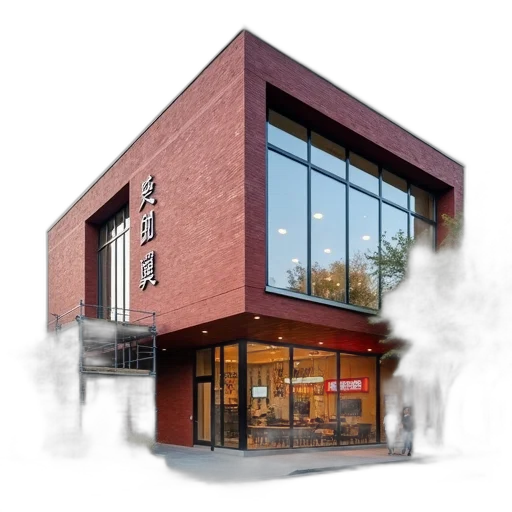 building, 3d render, photorealistic, concept art, modern, red, brick, glass transparent PNG cut-out
