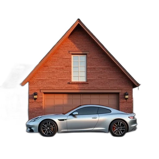 car, building, 3d render, photorealistic, concept art, earth tones, silver, parked transparent PNG cut-out