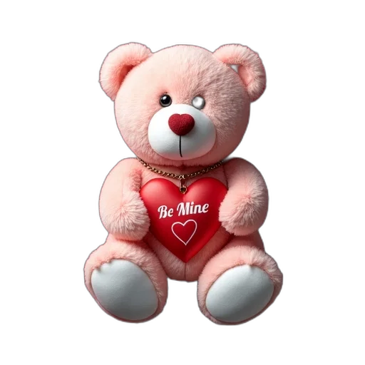 3d render, photorealistic, plush, teddy, bear, heart-shaped, tag, reads transparent PNG cut-out