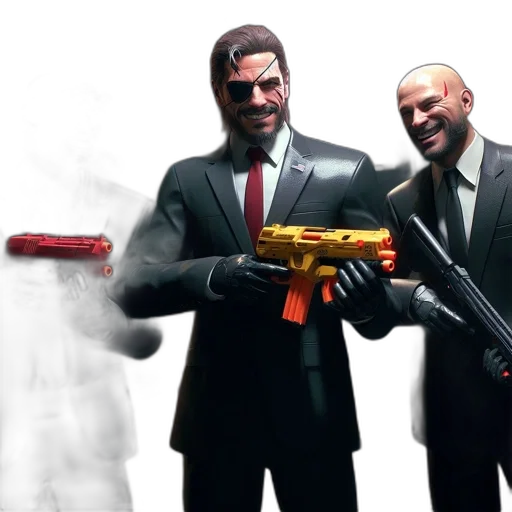 weapon, concept art, 3d render, three, men, formalwear, pose, together transparent PNG cut-out