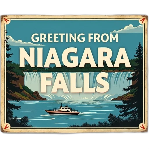 vintage-style, postcard, featuring, stylized, illustration, niagara, falls, words transparent PNG cut-out