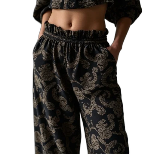 dark, woman, wearing, elegant, black, paisley, print, pants transparent PNG cut-out