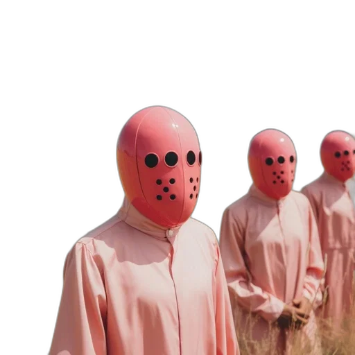 mask, jacket, creature, robot, vaporwave, concept art, pastel, red transparent PNG cut-out