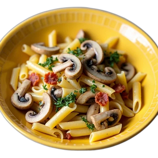 food, photorealistic, bowl, filled, pasta, mushrooms, herbs, placed transparent PNG cut-out