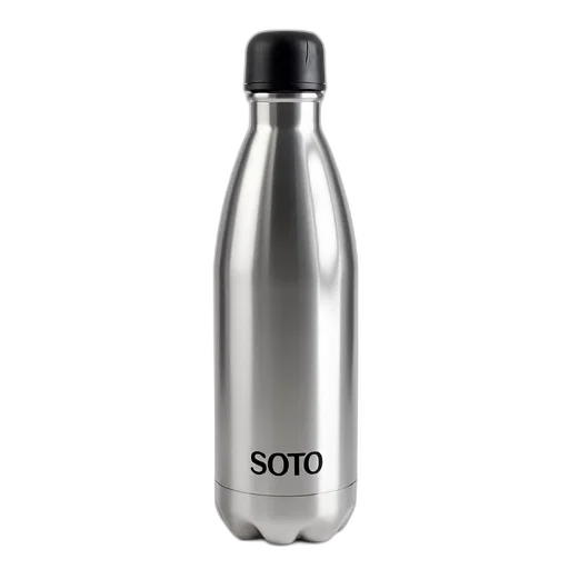 bottle, 3d render, silver, water, black, cap, label, reads transparent PNG cut-out