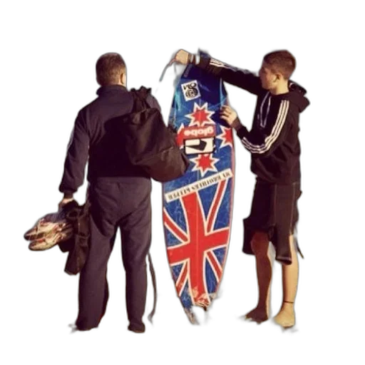jacket, staff, two, men, beach, holding, surfboard, union transparent PNG cut-out