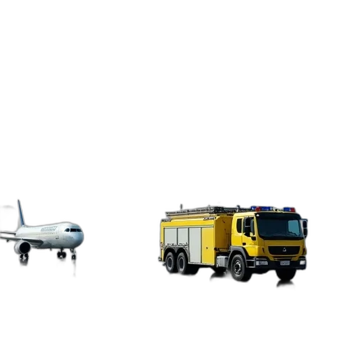 3d render, concept art, yellow, fire, truck, parked, tarmac, hose transparent PNG cut-out
