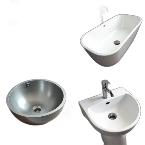 3d render, photorealistic, collection, bathroom, fixtures, displayed, showroom, image transparent PNG cut-out