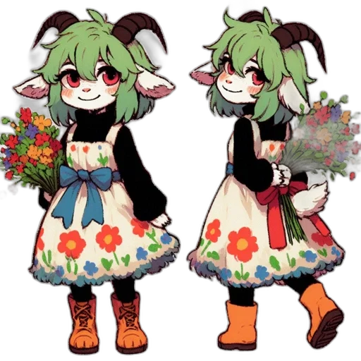 flower, dress, concept art, pixel art, anime, cartoon, green, monochrome transparent PNG cut-out