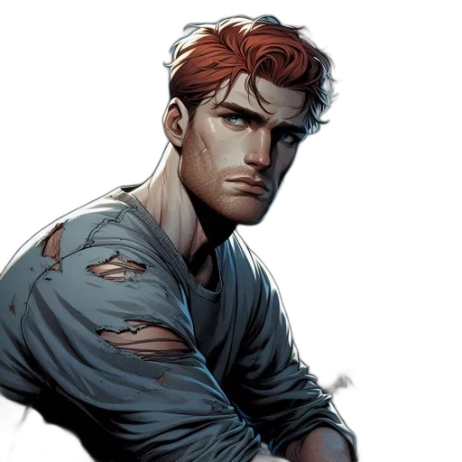 comic book art, concept art, fantasy art, earth tones, man, red, hair, blue transparent PNG cut-out