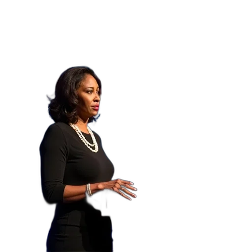 staff, woman, black, dress, standing, podium, microphone, front transparent PNG cut-out