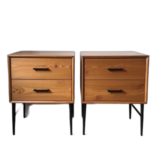 furniture, 3d render, pair, matching, wooden, nightstands, black, metal transparent PNG cut-out