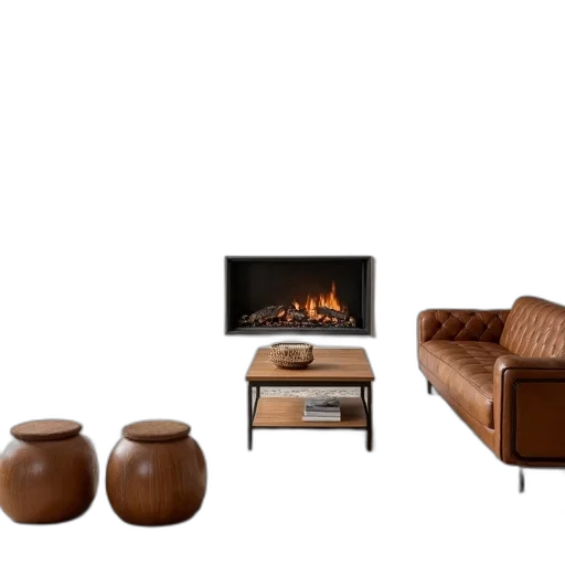 furniture, 3d render, photorealistic, concept art, fire, earth tones, dark, monochrome transparent PNG cut-out