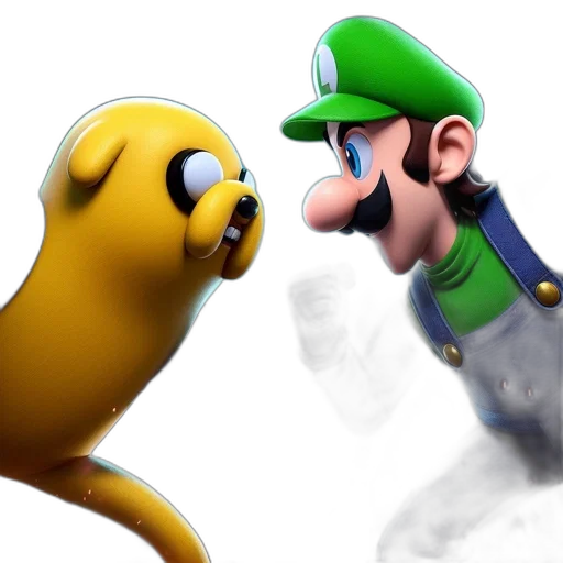 concept art, 3d render, two, animated, characters, anthropomorphic, yellow, dog transparent PNG cut-out