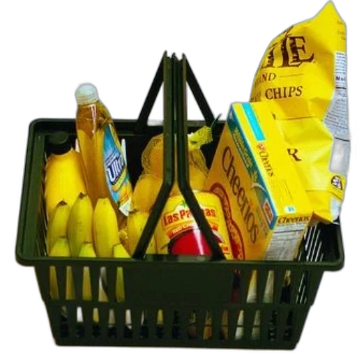 food, green, shopping, basket, filled, bananas, cereal, chips transparent PNG cut-out