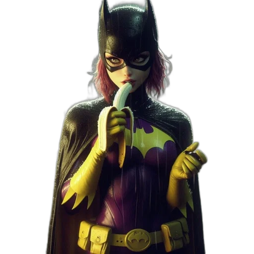 comic book art, concept art, photorealistic, cartoon, batgirl-inspired, character, dressed, purple transparent PNG cut-out