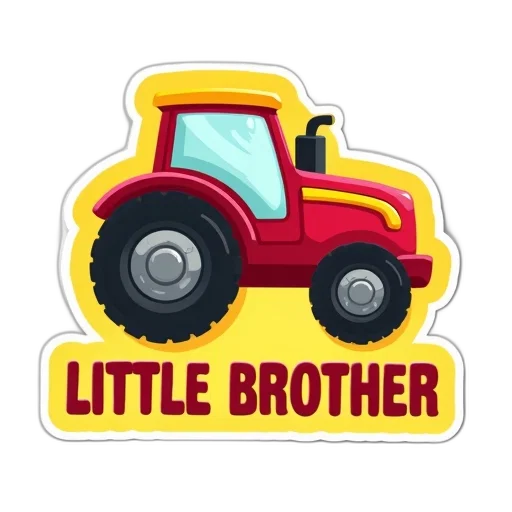 sticker, featuring, red, yellow, tractor, black, wheel, words transparent PNG cut-out