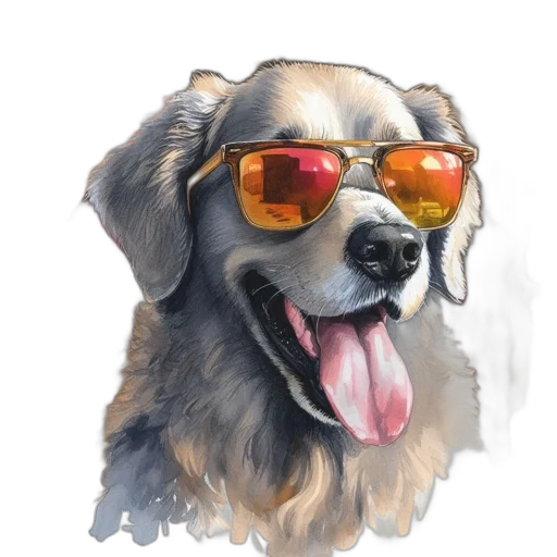 watercolor, photorealistic, oil painting, cartoon, illustrated, dog, sunglasses, playful transparent PNG cut-out