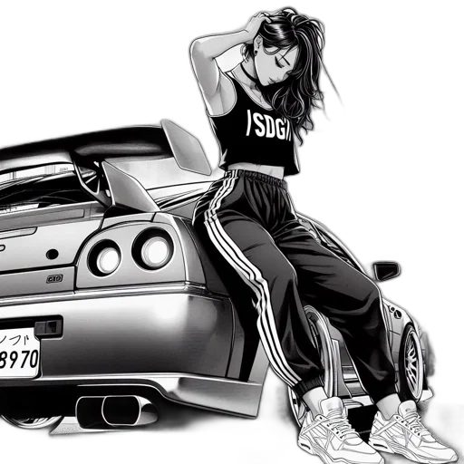 car, photorealistic, anime, cartoon, concept art, energetic, monochrome, illustration transparent PNG cut-out