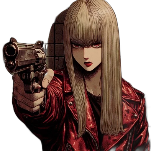 weapon, jacket, hair, comic book art, concept art, photorealistic, anime, red transparent PNG cut-out
