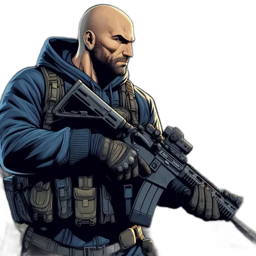 weapon, concept art, comic book art, cyberpunk, fantasy art, man, beard, tactical transparent PNG cut-out